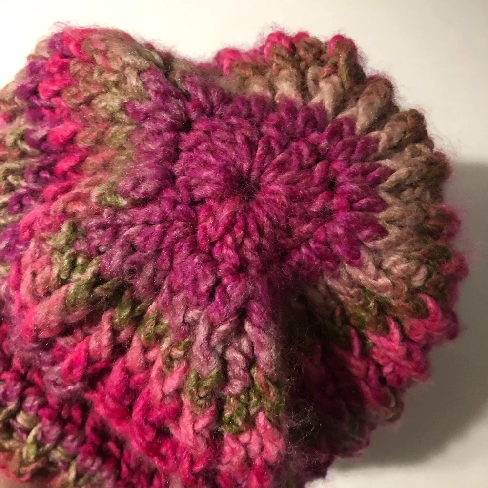 Handmade crochet knit winter‎ hat with pony hole pink and brown tones fits women